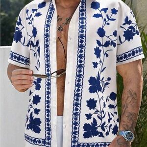 SHEIN Men's White and Navy Floral Button Down Shirt